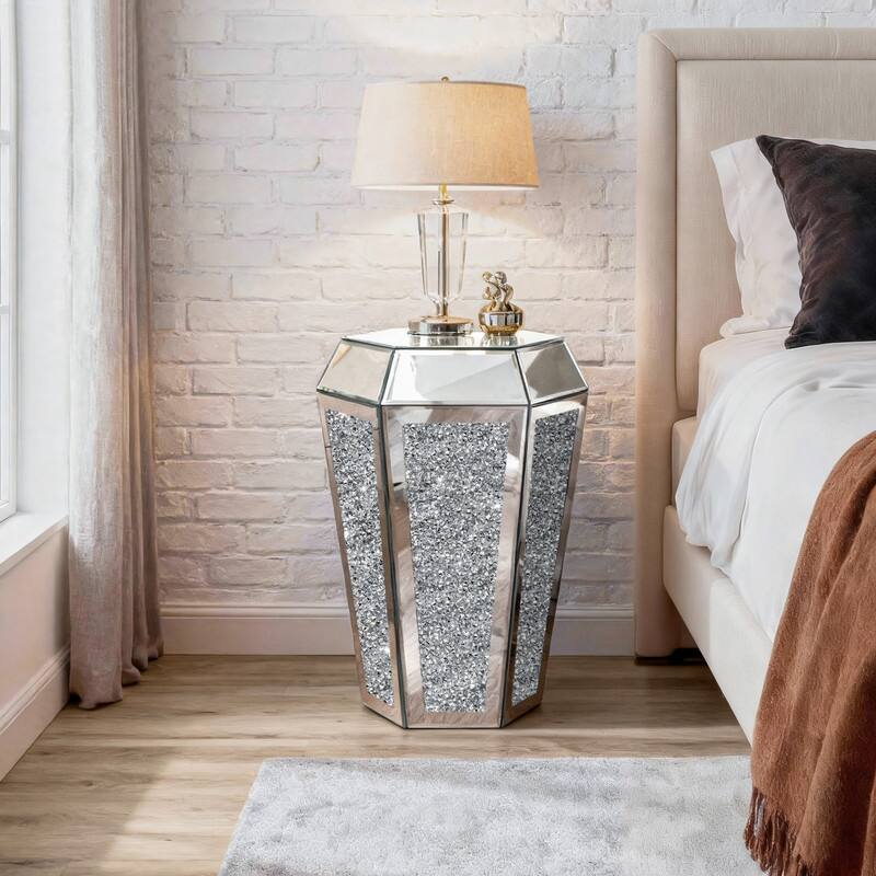 Hexagonal Mirrored Side Table with Crushed Crystal Inlay