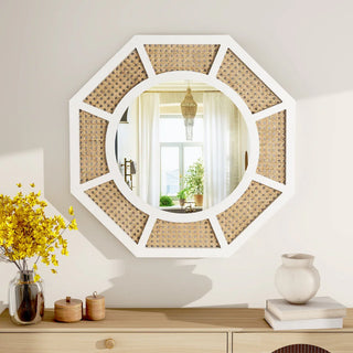 Large Rattan Mirror for Wall Decor Boho White Frame Wood /SF-WM188