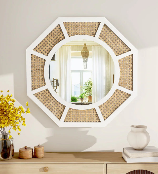 Large Rattan Mirror for Wall Decor Boho White Frame Wood