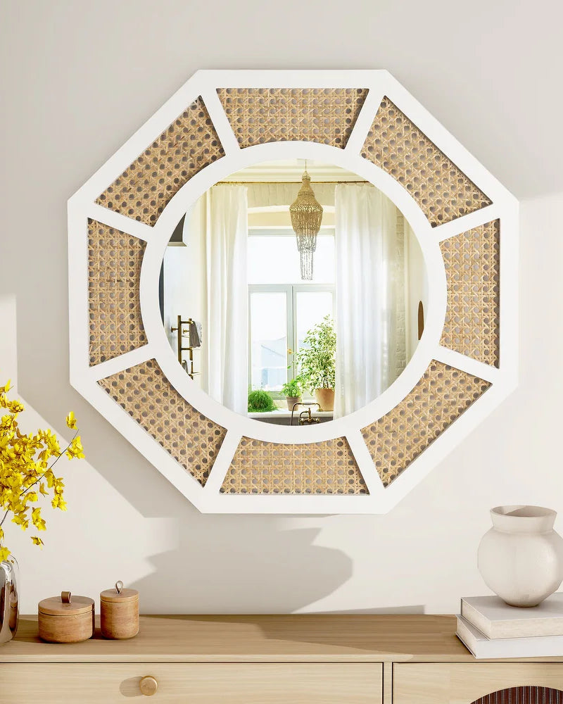 Large Rattan Mirror for Wall Decor Boho White Frame Wood