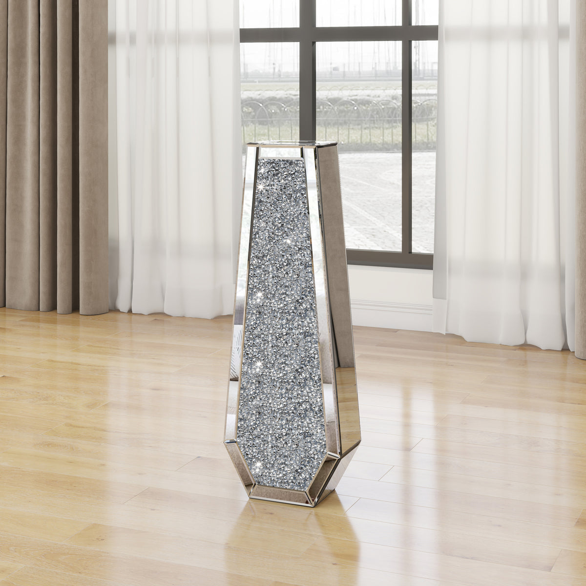 Große silberne Spiegel-Kristallvasen mit zerstoßenen Diamanten, hohe Bodenvase