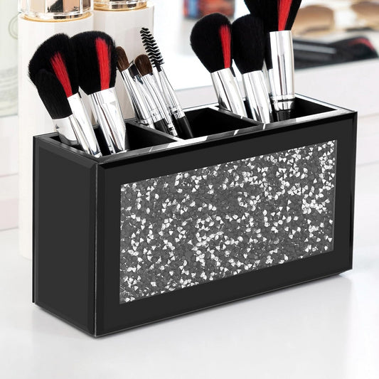 SHYFOY Black Makeup Brush Holder Organizer, 3 Slots Glass Cosmetic Brushes Storage Holder with Crushed Diamond, Pencil Pen Holder for Desk, Desk Organizer and Accessories for Vanity