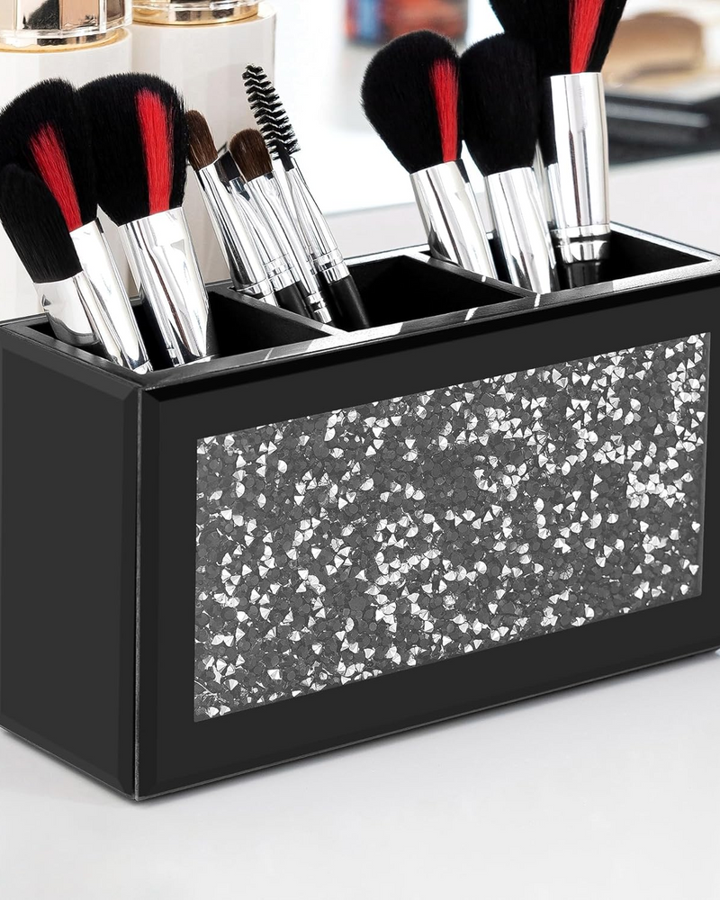Black Makeup Brush Holder Organizer, 3 Slots Glass Cosmetic Brushes Storage Holder