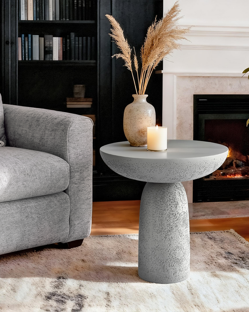 18'' Tall Round Gray Pedestal Side Table, Modern Hourglass End Table with Stone Texture