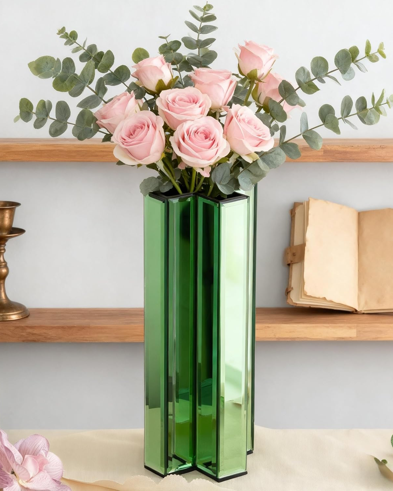 Green Glass Flower Vases for Home Decor, Living Room Decor