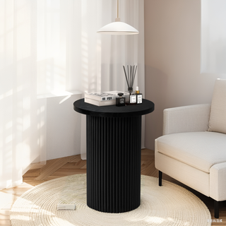 Black Round Wood End Table Fluted Pedestal Side Table