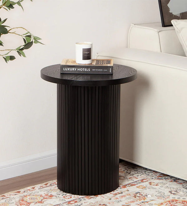 Black Round Wood End Table Fluted Pedestal Side Table
