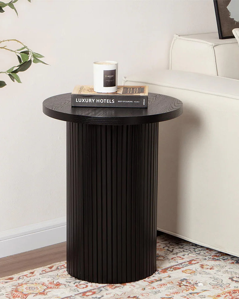 Natural Wood Round Wood End Table Fluted Pedestal Side Table