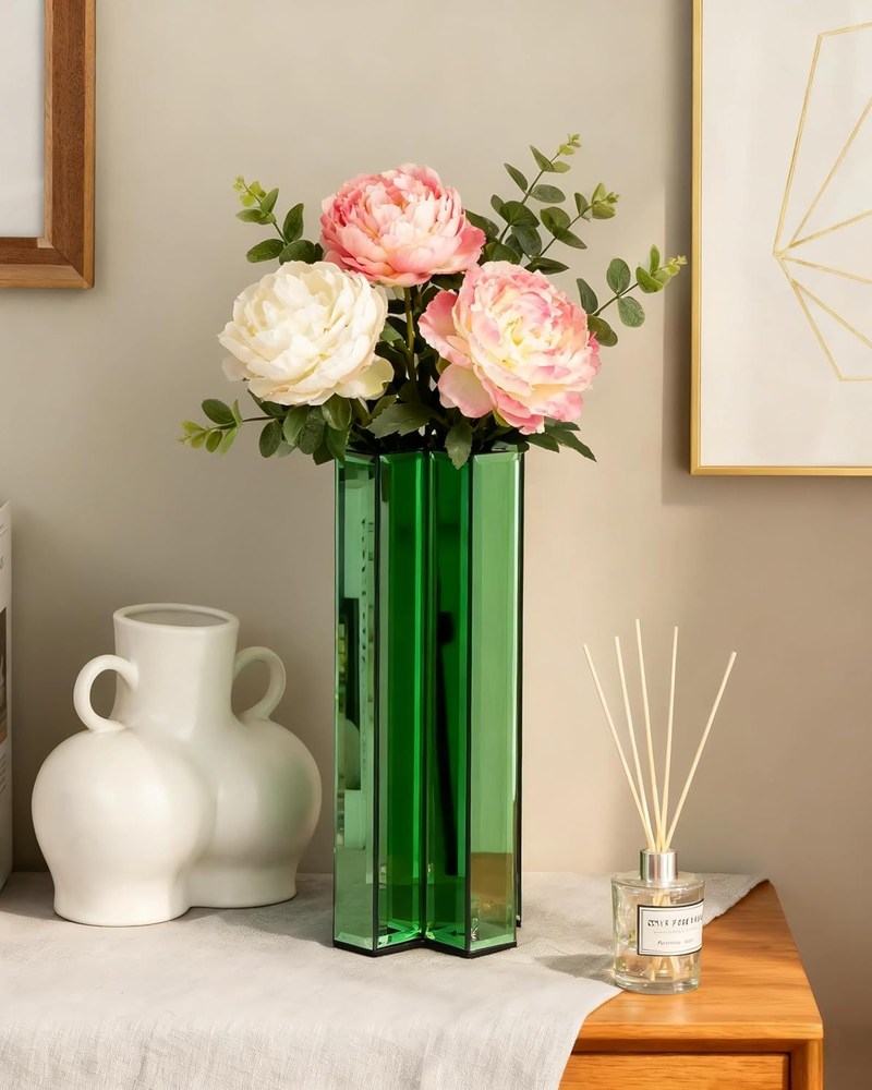 Green Glass Flower Vases for Home Decor, Living Room Decor