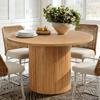 Oak Wood Round Fluted Pedestal Dining Table