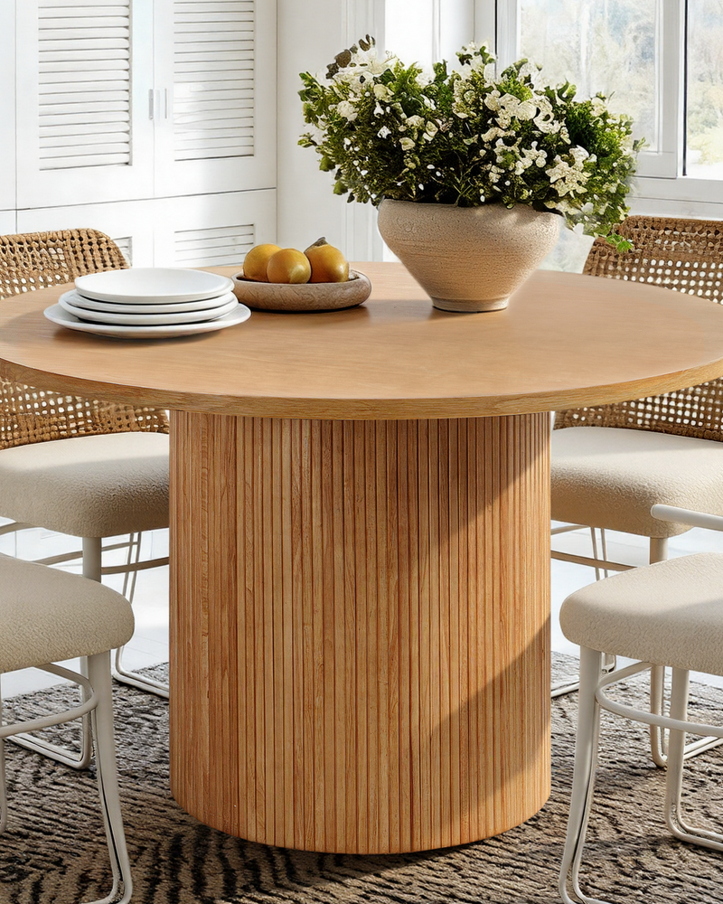 Oak Wood Round Fluted Pedestal Dining Table
