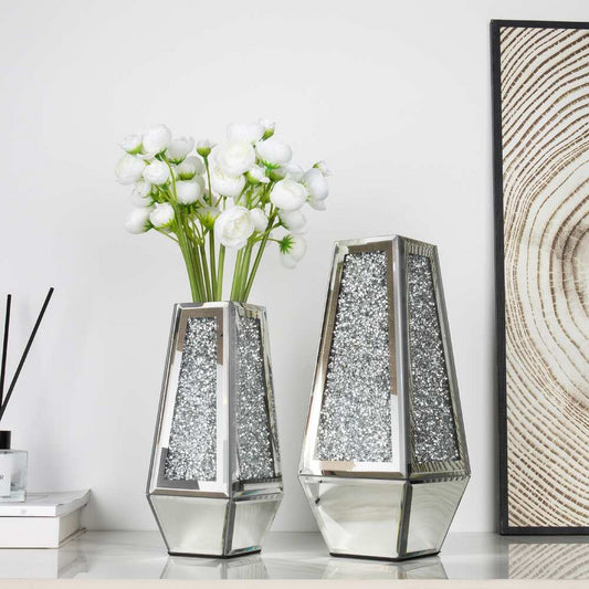 SHYFOY Crushed Diamond Mirrored Vases Set of 2, Silver Glass Flower Vases for Table - Can’t Hold Water Ornaments