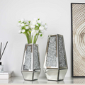 Crushed Diamond Mirrored Vases Set of 2, Silver Glass Flower Vases
