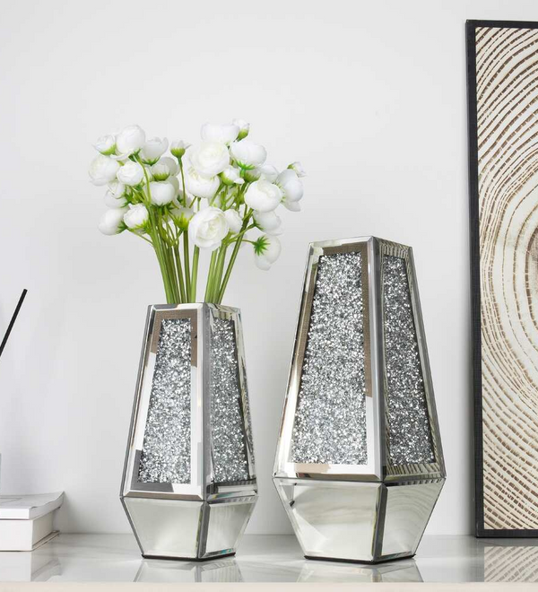 Crushed Diamond Mirrored Vases Set of 2, Silver Glass Flower Vases