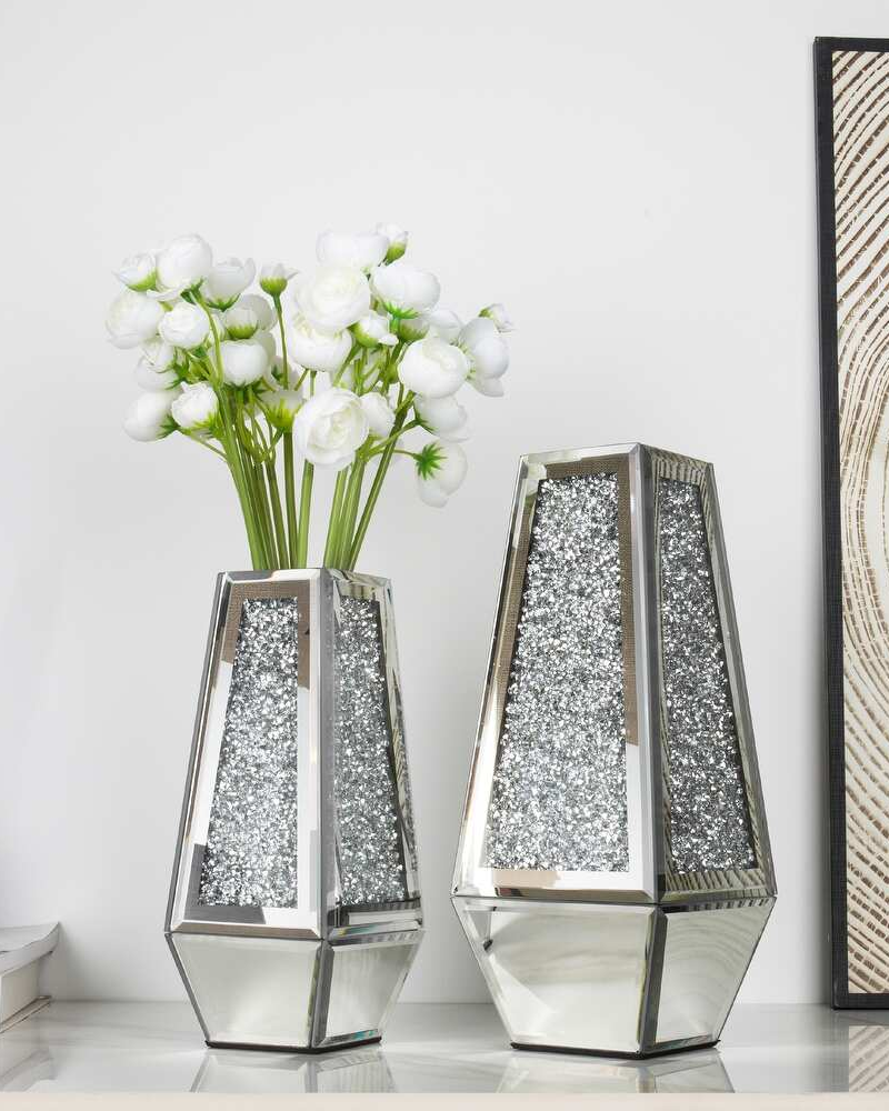 Crushed Diamond Mirrored Vases Set of 2, Silver Glass Flower Vases