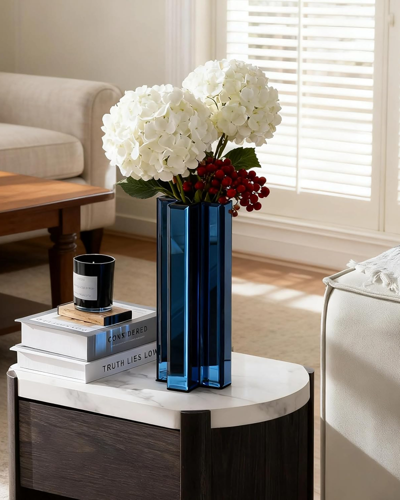 Blue Tall Cross-Shaped Decorative Glass Flower Vases for Home Decor