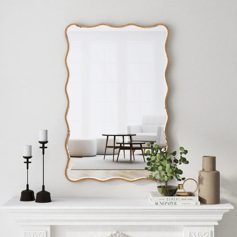 Antique Rectangle Wave Accent Wall Mirror Modern Gold Metal Mirror