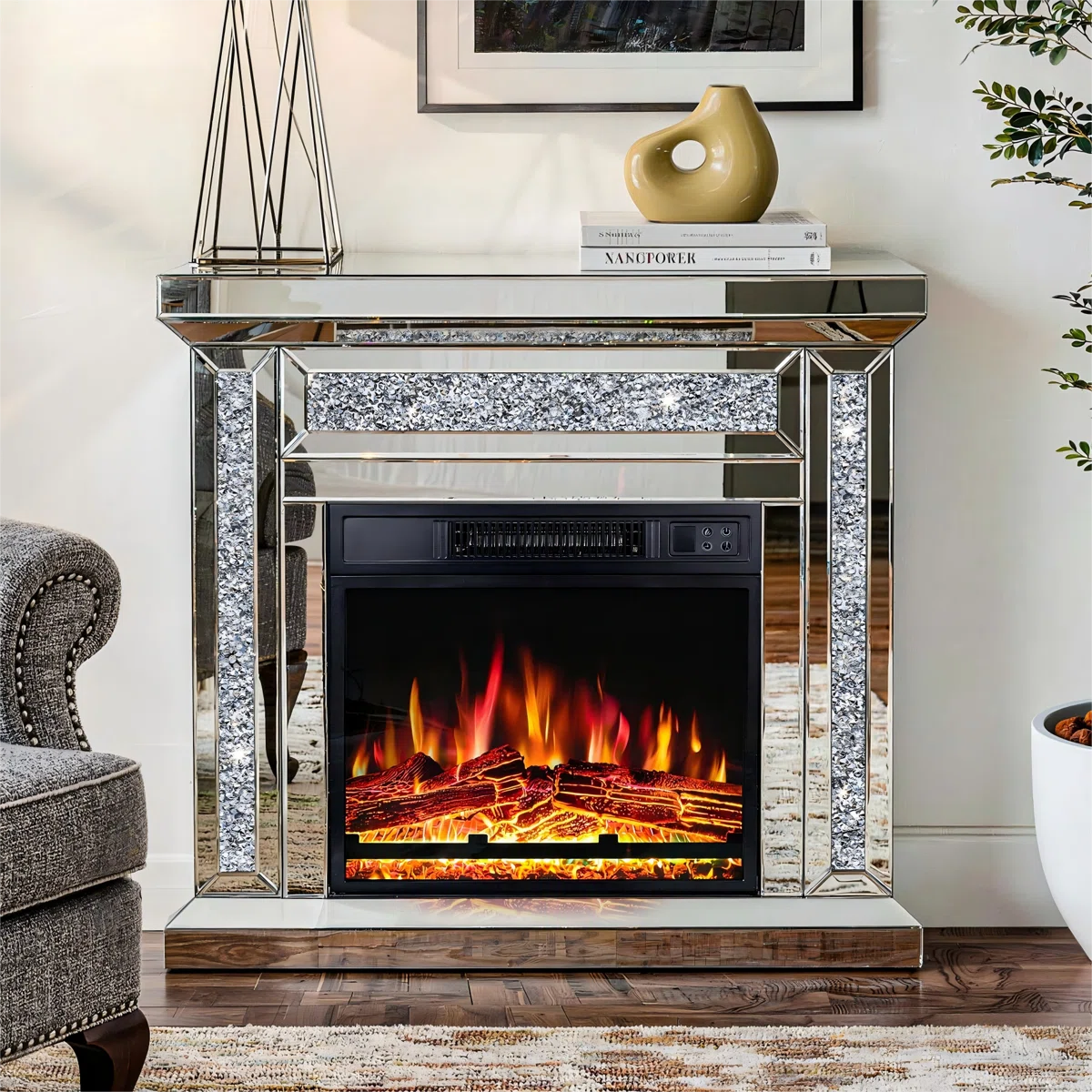 Chimenea eléctrica con revestimiento de cristal, incrustaciones de diamantes triturados
