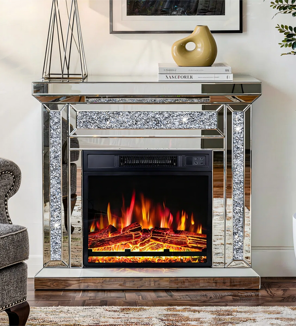 Electric Fireplace with Glass Mantel Surround, Crushed Diamonds inlay