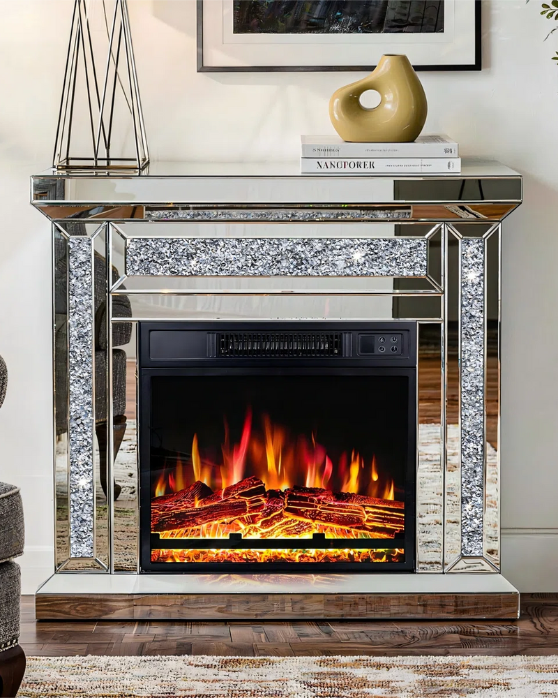 Electric Fireplace with Glass Mantel Surround, Crushed Diamonds inlay