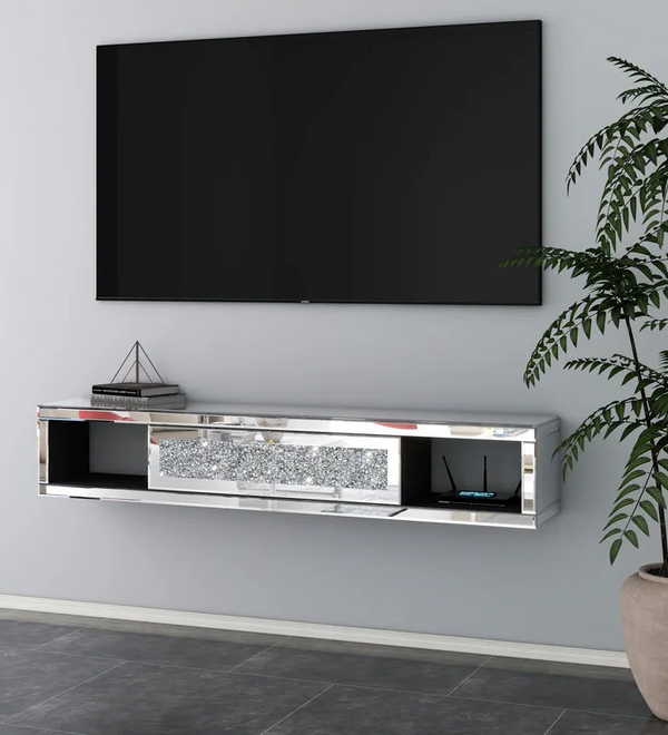 Mirrored Floating TV Shelf Crushed Diamonds Wall Mounted