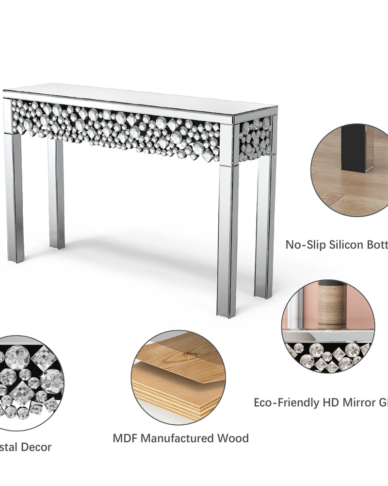 Glam Mirrored Entryway Table Console Table with Crystal Frame