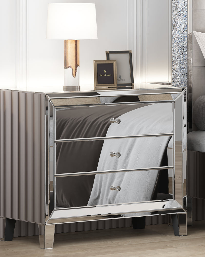 Glam Mirror Nightstand Bedside Table with 3 Drawer Chest
