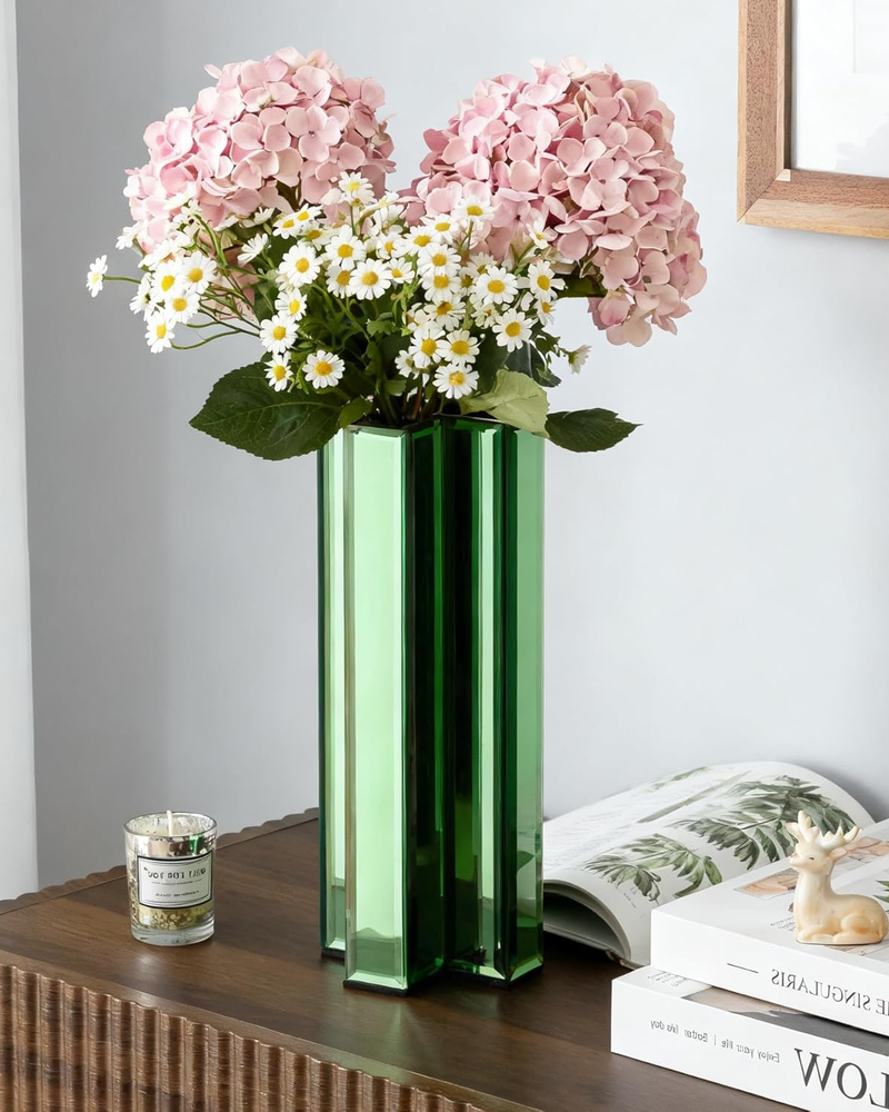 Green Glass Flower Vases for Home Decor, Living Room Decor