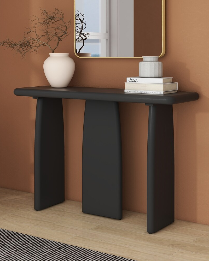 Black Modern Console Table with 3 Legs, Natural Wood Grain Entryway Table