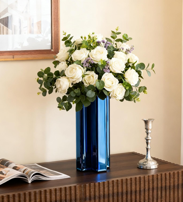 Blue Tall Cross-Shaped Decorative Glass Flower Vases for Home Decor