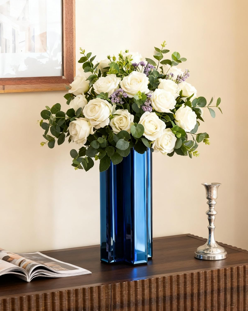 Blue Tall Cross-Shaped Decorative Glass Flower Vases for Home Decor