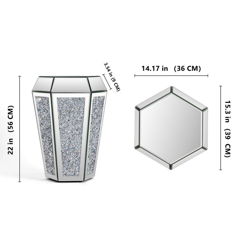 Hexagonal Mirrored Side Table with Crushed Crystal Inlay