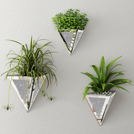Mirrored Wall Vases Home Decor, 3-Piece Set, Wall Hanging Planters for Indoor Plants, Bling Silver Glass Flower Vases for Living Room Office Bedroom Bathroom - Not for Real Plants