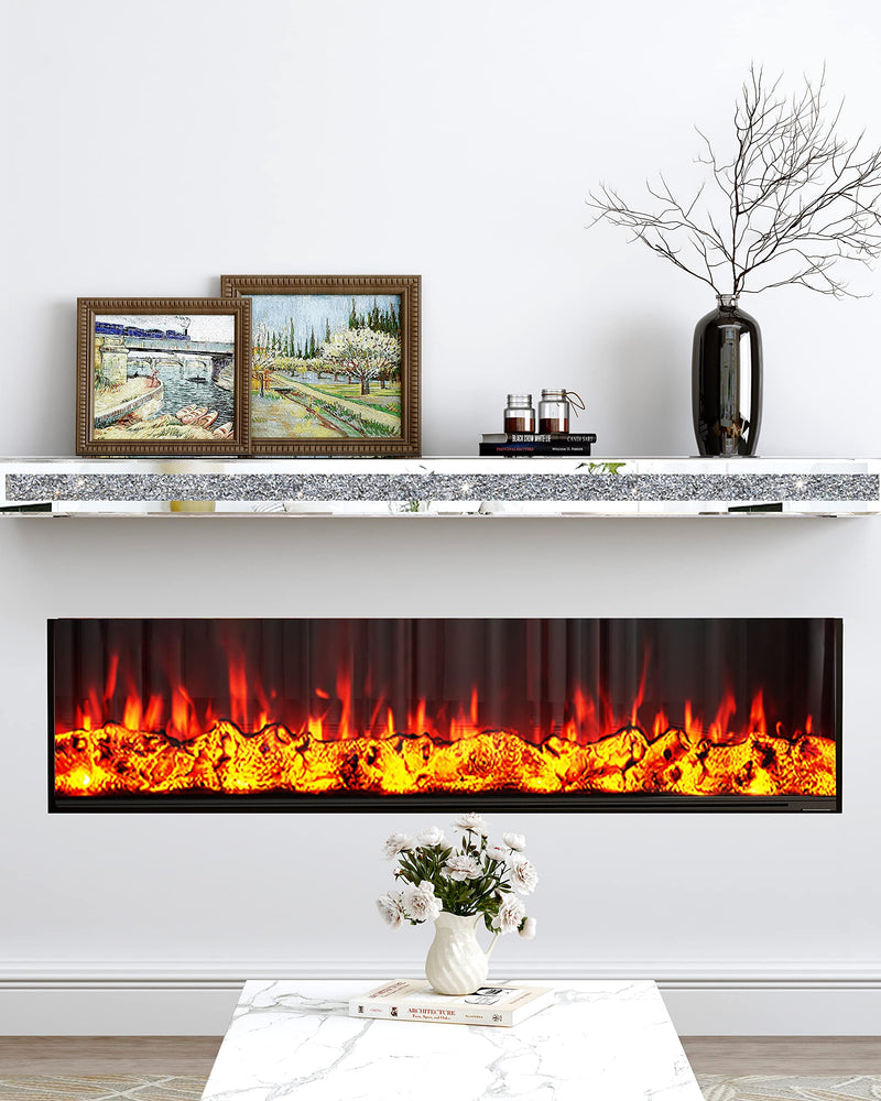 Fireplace Mantel, Mirrored Floating Shelf with Crystal Crushed Diamond Inlay