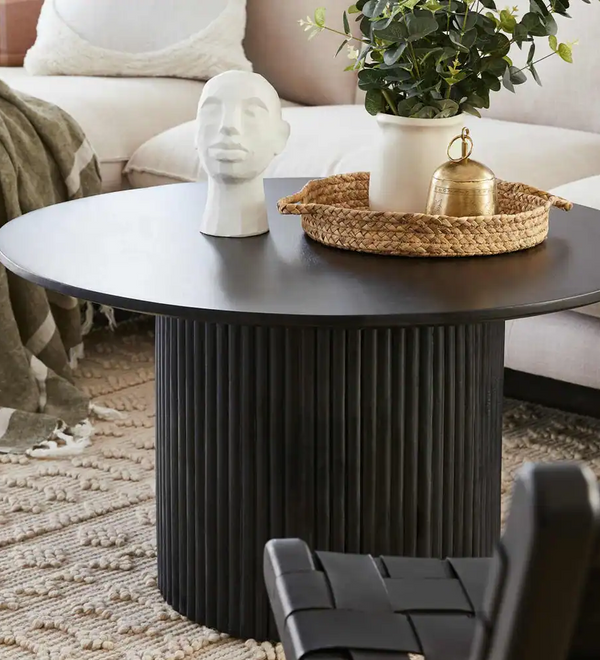 Black Round Coffee Table with Solid Wood Circle Pedestal Table
