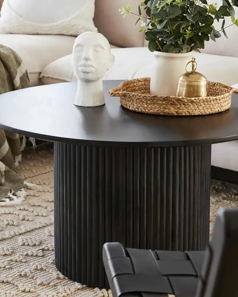 Black Round Coffee Table with Solid Wood Circle Pedestal Table