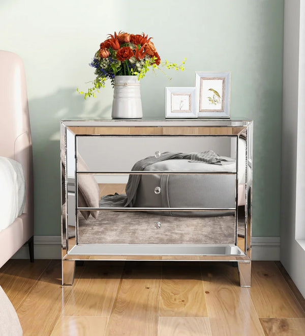 Glam Mirror Nightstand Bedside Table with 3 Drawer Chest