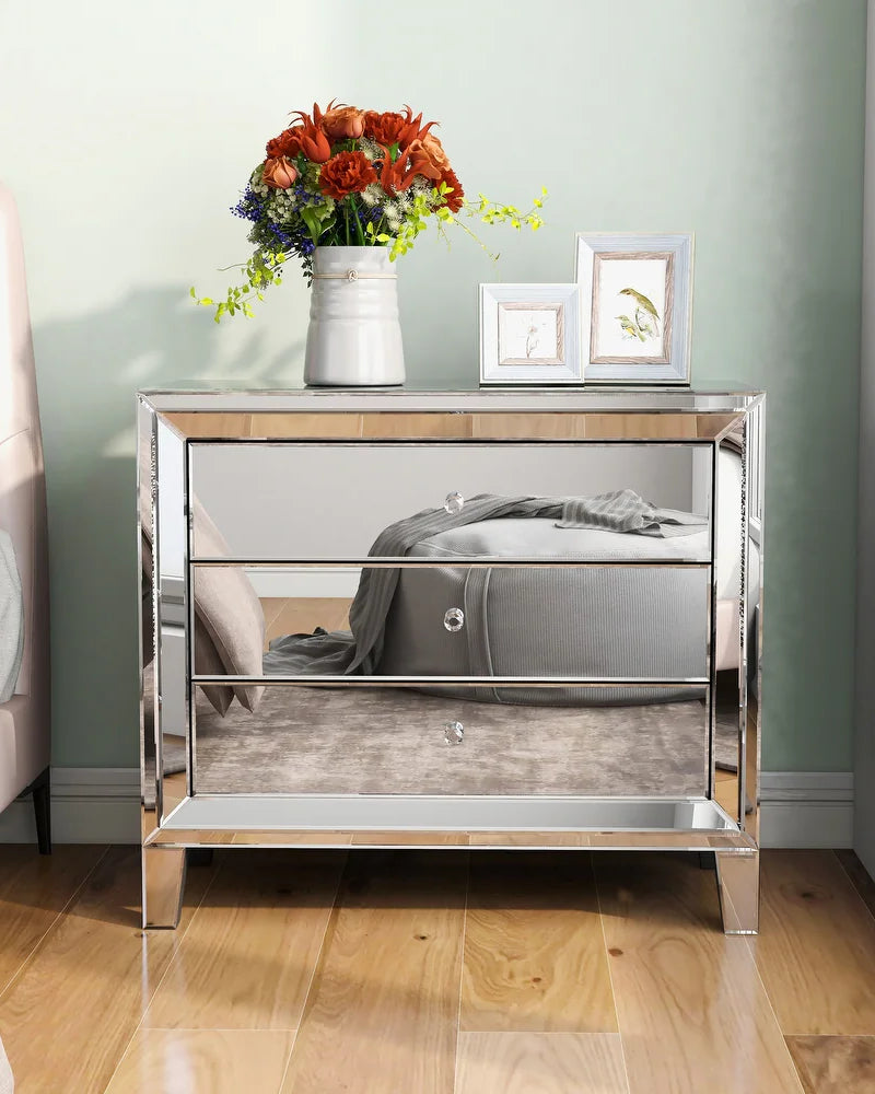 Glam Mirror Nightstand Bedside Table with 3 Drawer Chest