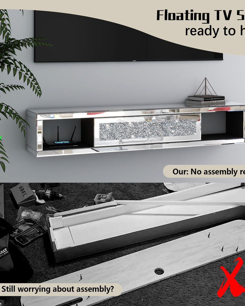 Mirrored Floating TV Shelf Crushed Diamonds Wall Mounted