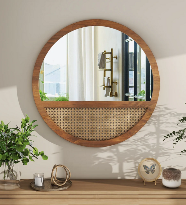 Rattan Round Mirror Bohemian Accent Wall Mirror