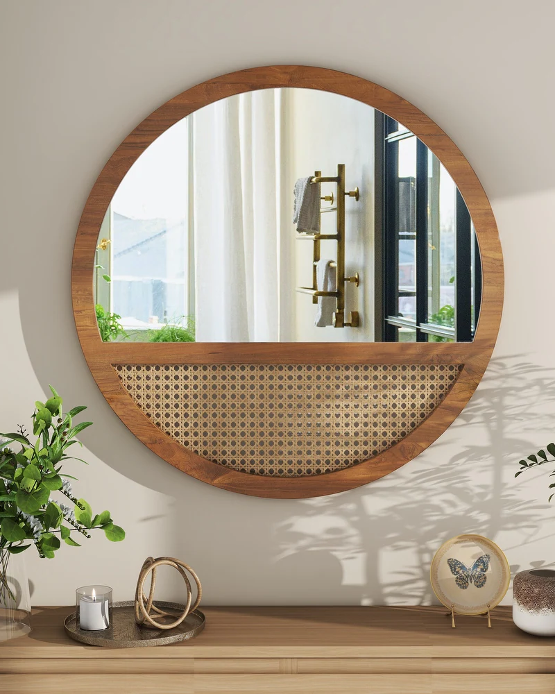 Rattan Round Mirror Bohemian Accent Wall Mirror