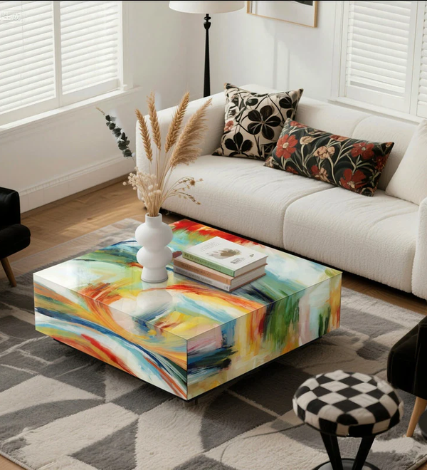 Square Modern Abstract Glass Coffee Table