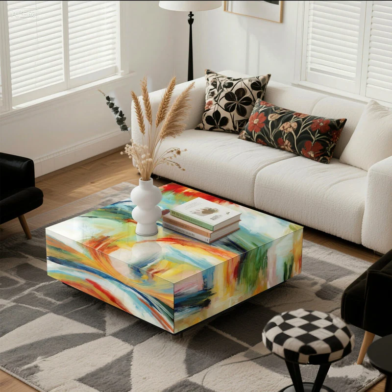 Square Modern Abstract Glass Coffee Table