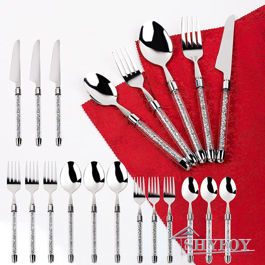 SHYFOY 20PCS Stainless Steel Silverware Set, Luxury Crushed Diamond Party Decor Flatware, Mirror Polished Cutlery Utensil Set