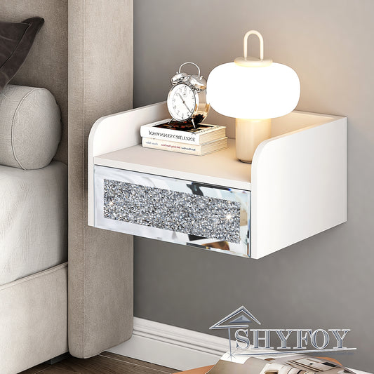 SHYFOY Floating Nightstand Mirrored Modern White Nightstands  / SF-BT131