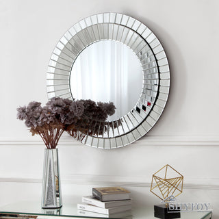 SHYFOY Silver Round Wall Mirror Decorative for Vanity & Living Room Decor, 31.5'' Circle Accent Wall Mirrors Glass Beveled Frame, Mirror for Wall Home