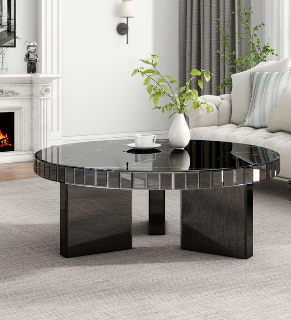 Black Mirrored Coffee Table with Marble Pattern