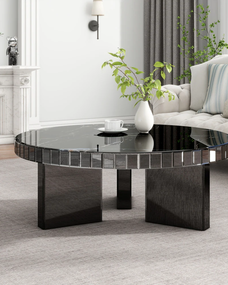Black Mirrored Coffee Table with Marble Pattern