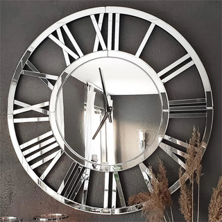 SHYFOY Large Silver Mirrored Wall Clock, Glass Surface Round Roman Numerals Clocks, Mirror Wall Art for Home Decorative 80cm