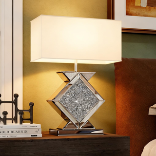 Crystal Crushed Diamond Mirrored Table Lamp, 23.6" Silver Glass Rectangular Shade Modern Glam Lamp for Bedroom, Living Room, Office